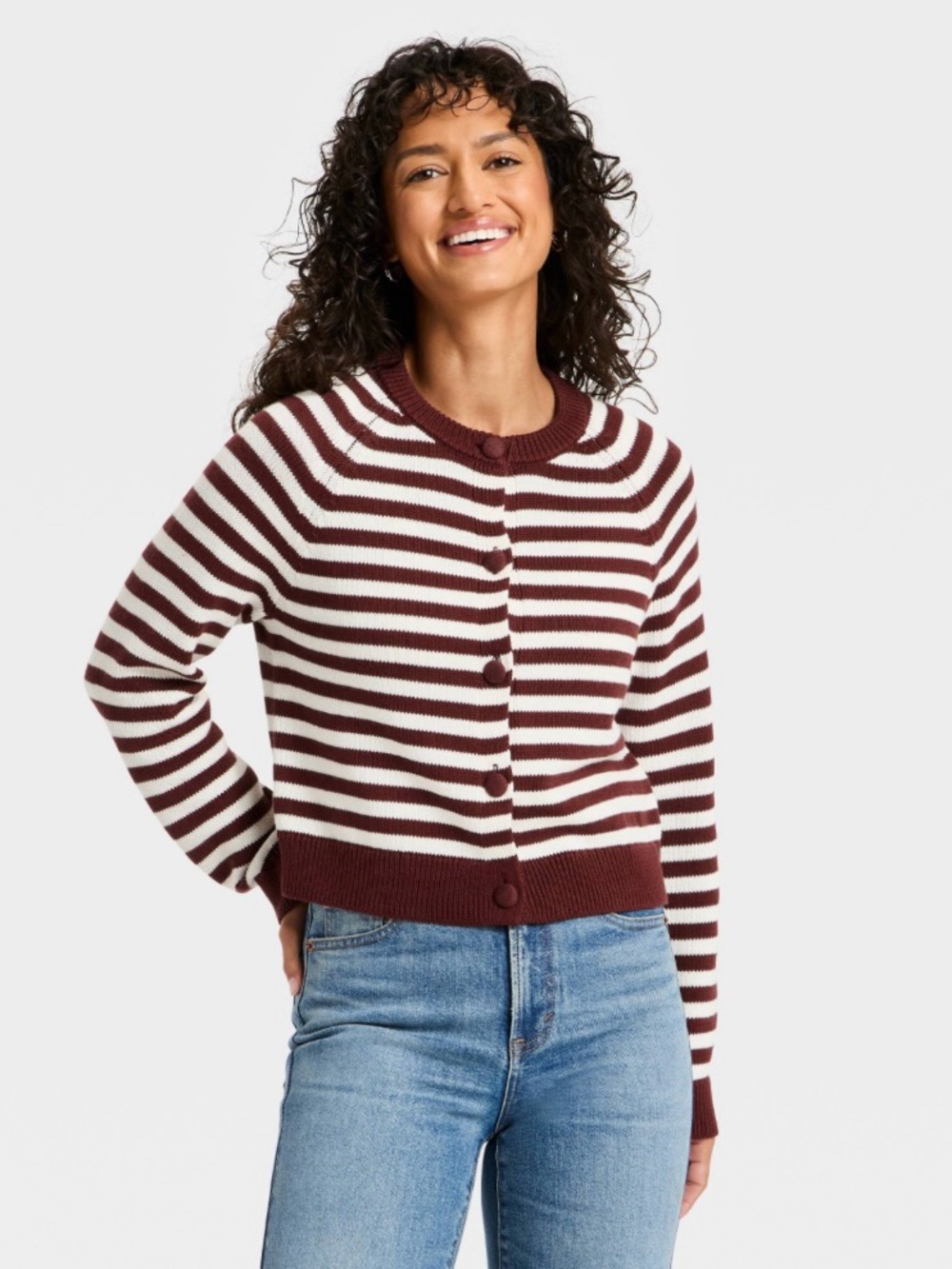Universal Thread Striped Crewneck Cardigan Sweater Burgundy White XS